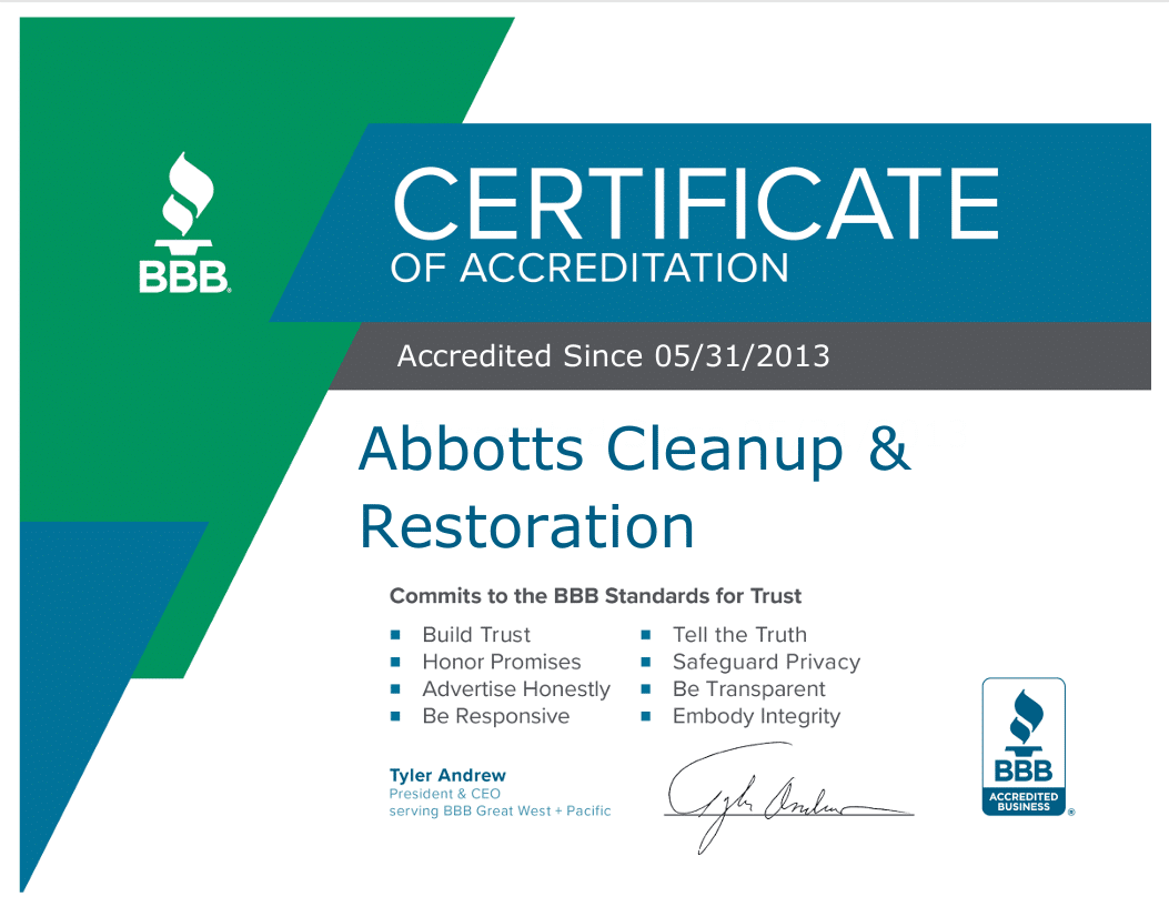 BBB Certificate of Accreditation for Abbott's Cleanup & Restoration