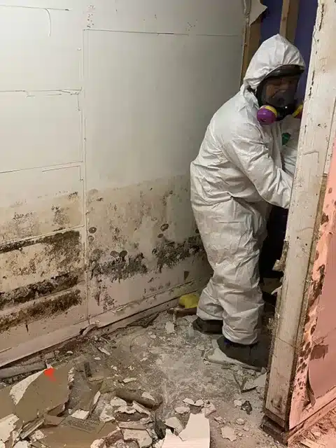 Worker in protective clothing beside a damaged wall