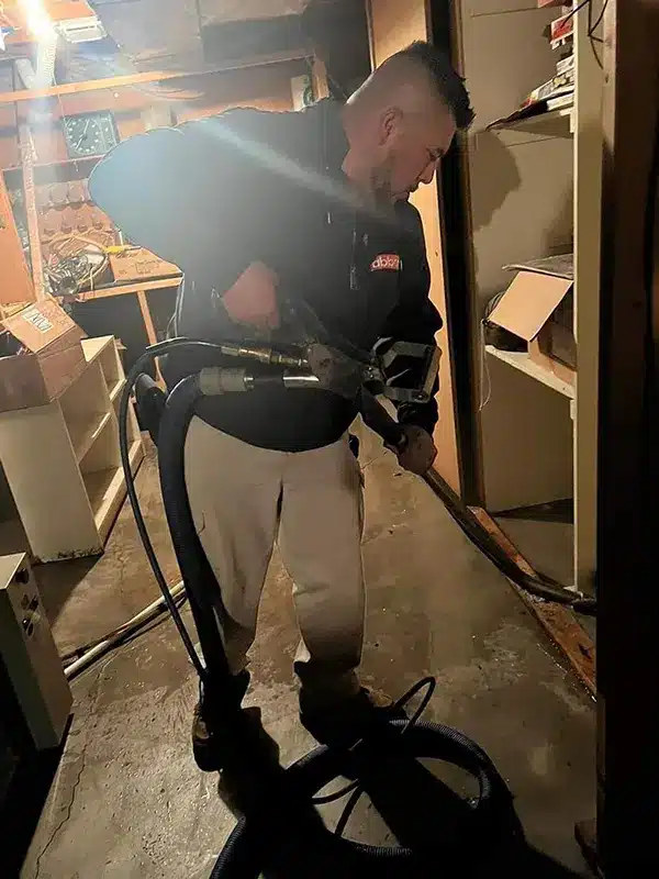 Technician extracting water from a flooded room