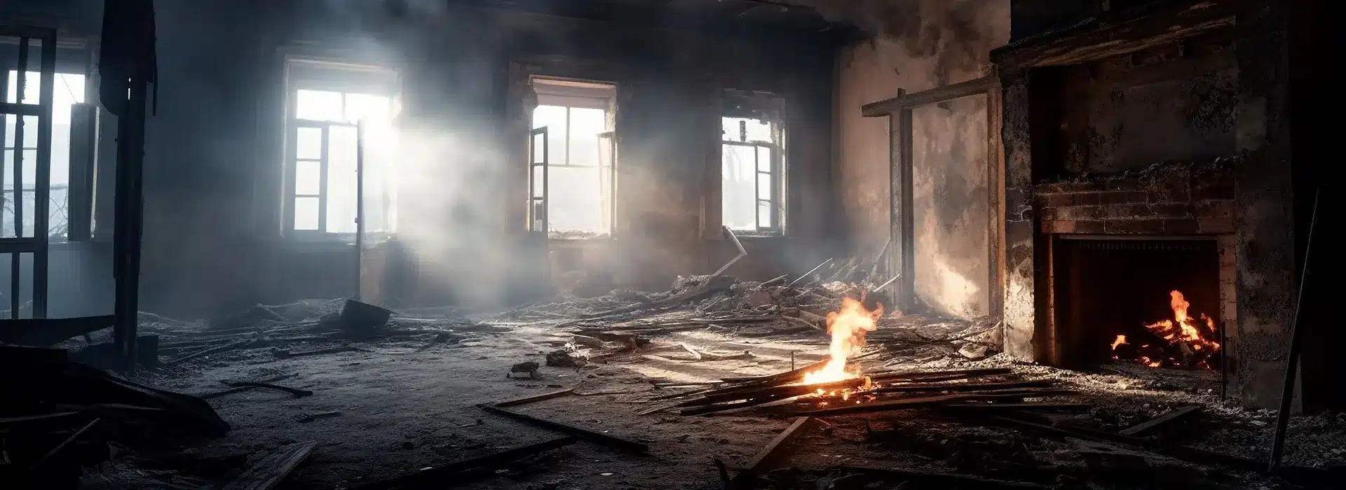 Smoke and debris in a fire-damaged interior