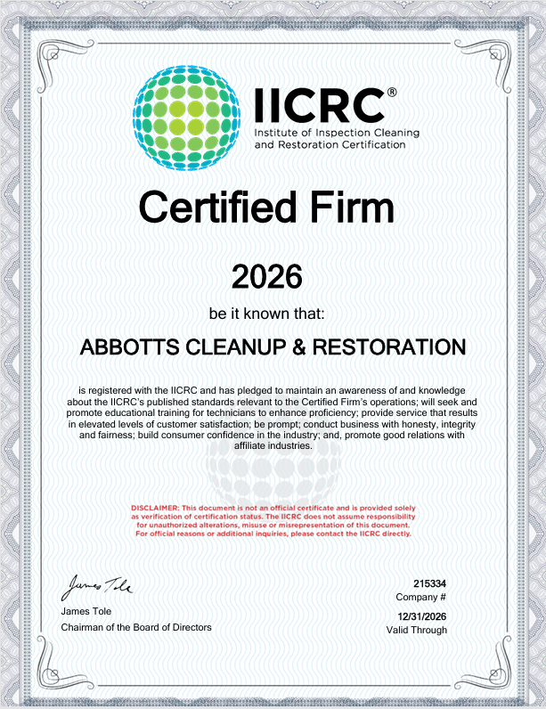 IICRC Certified Firm 2026 certificate for Abbotts Cleanup & Restoration