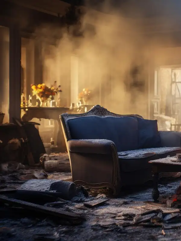 Smoke-filled living room with a fire-damaged sofa and debris on the floor